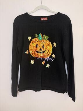 VTG Peek A Boo Halloween Sequin Jack O’ Lantern Pumpkin Sweater Black Knit Med